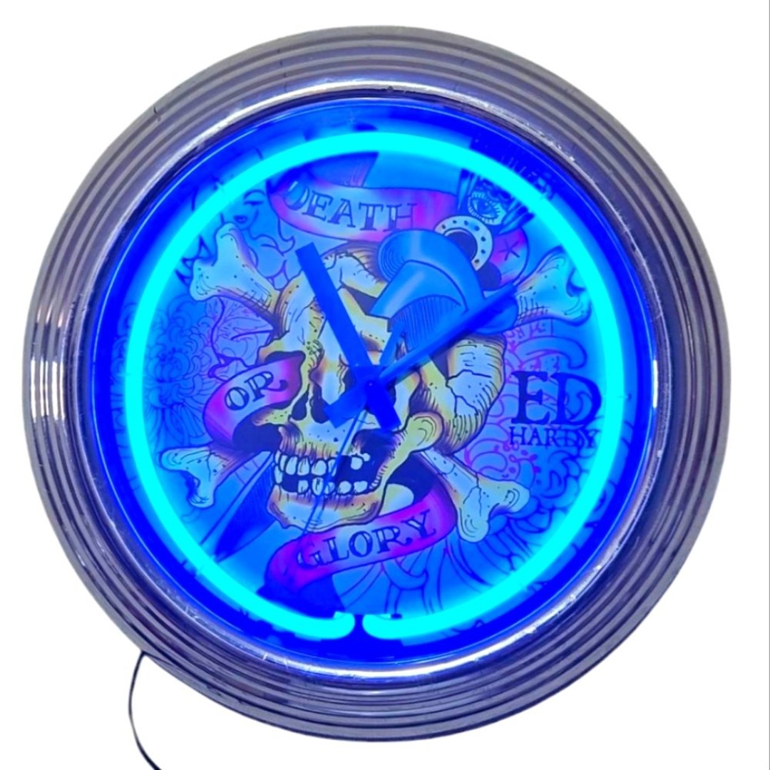 Vintage Ed Hardy Y2K Neon Wall Clock 'Death or Glory' Skull and Crossbones