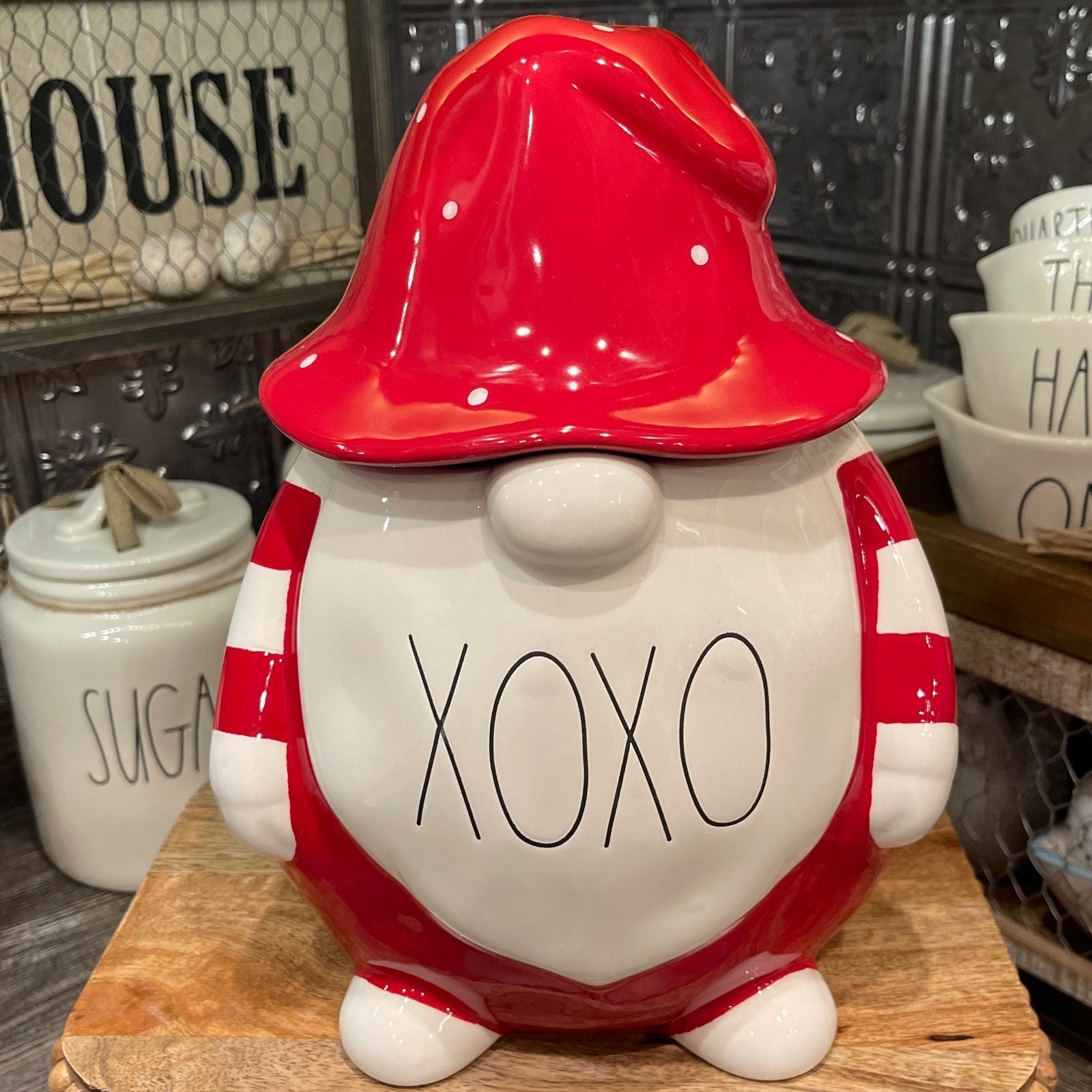 Rae Dunn Red XOXO Gnome Shaped Canister Cookie Jar