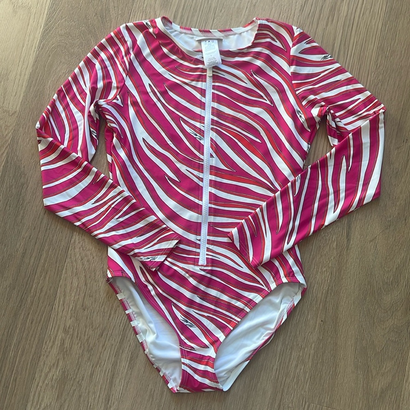MICHAEL MICHAEL KORS Pink White Zebra Print Long Sleeve One Piece Swimsuit Sz 8