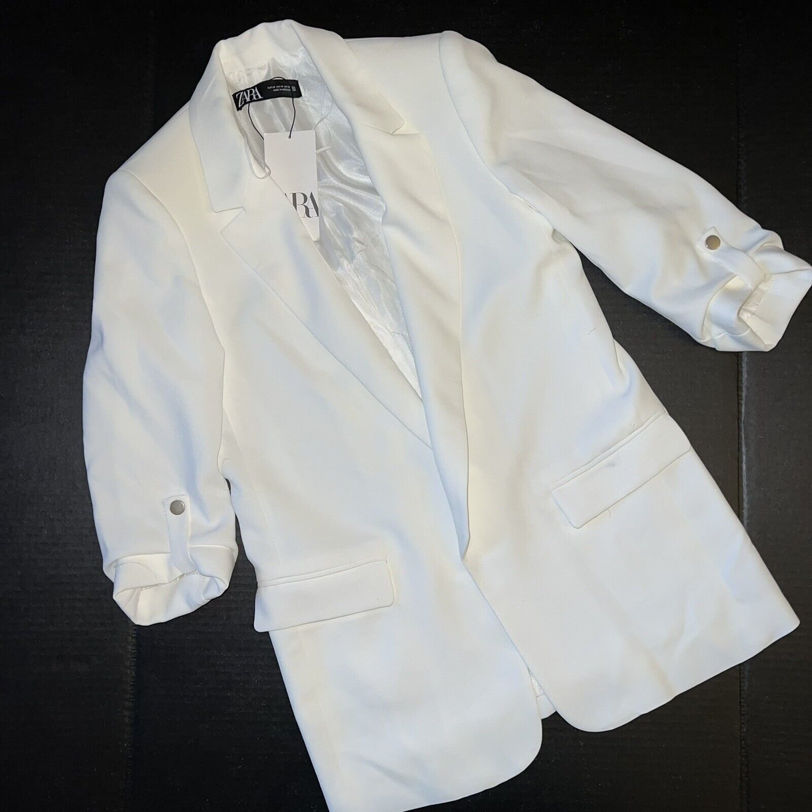 NWT Zara XS Blazer rolled Sleeves Cream Ivory White Gray Silver buttons