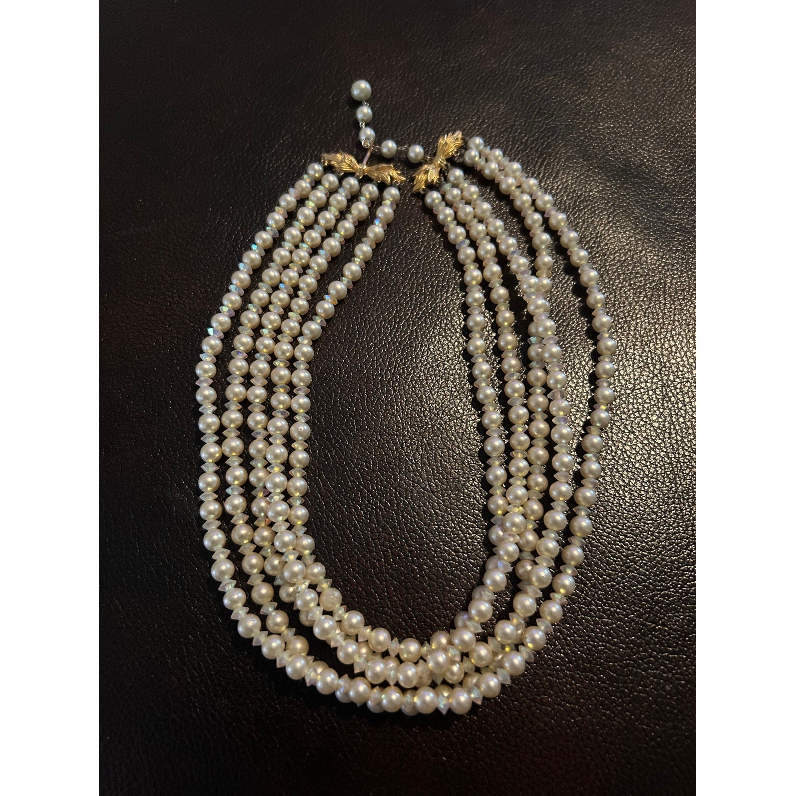Marvella 5 Strand Faux Pearl Necklace w Rhinestone and Glass Bead Accents