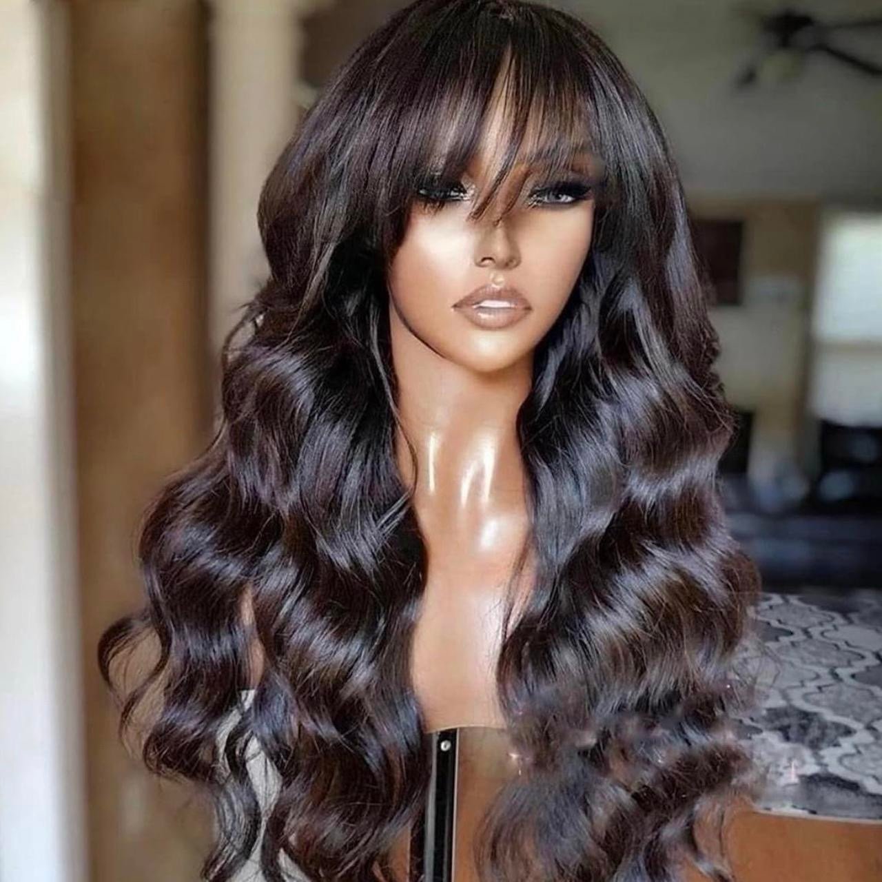 Human hair blend brown wave wig with bang.
