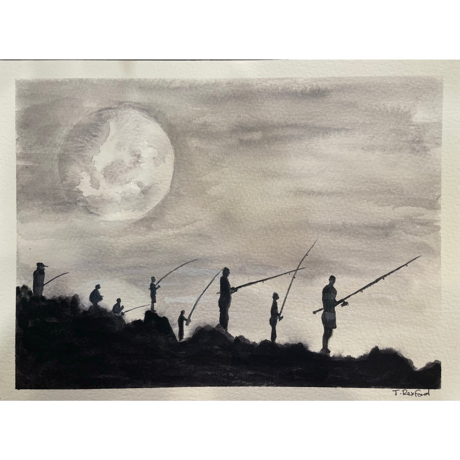 Handmade watercolor original painting moonlight fishermen