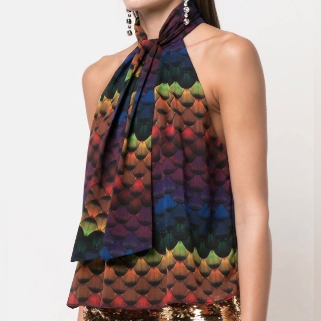 ALICE + OLIVIA Women's Leia Multicolor Glam Feather Printed Georgette Blouse EUC