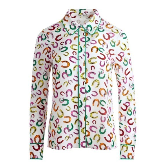 New! ALICE + OLIVIA “Lucky You” Willa Placket Horseshoe Silk Top with Piping