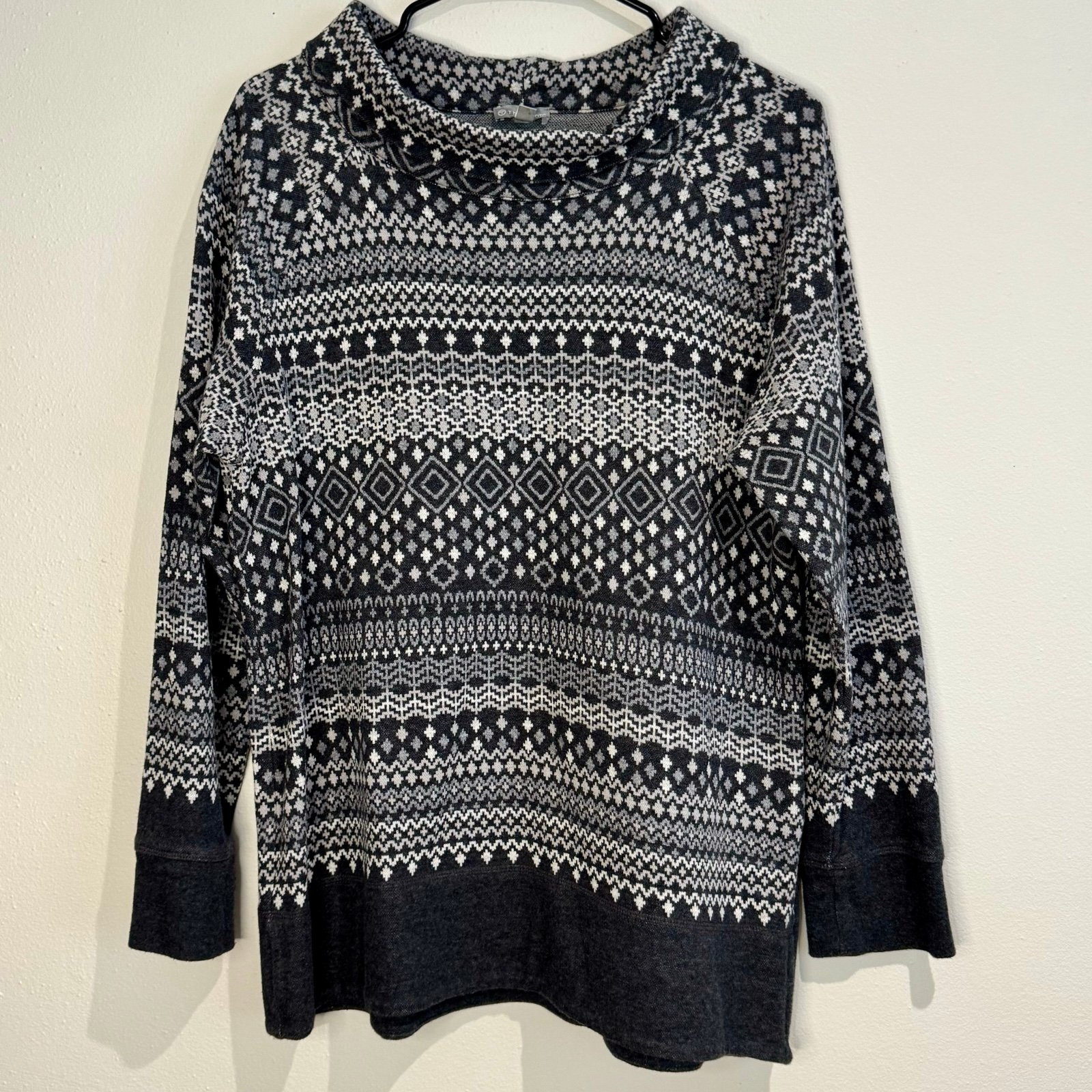 Talbots Fair Isle Black Grey Winter Cowl Neck Cotton Sweater - Large