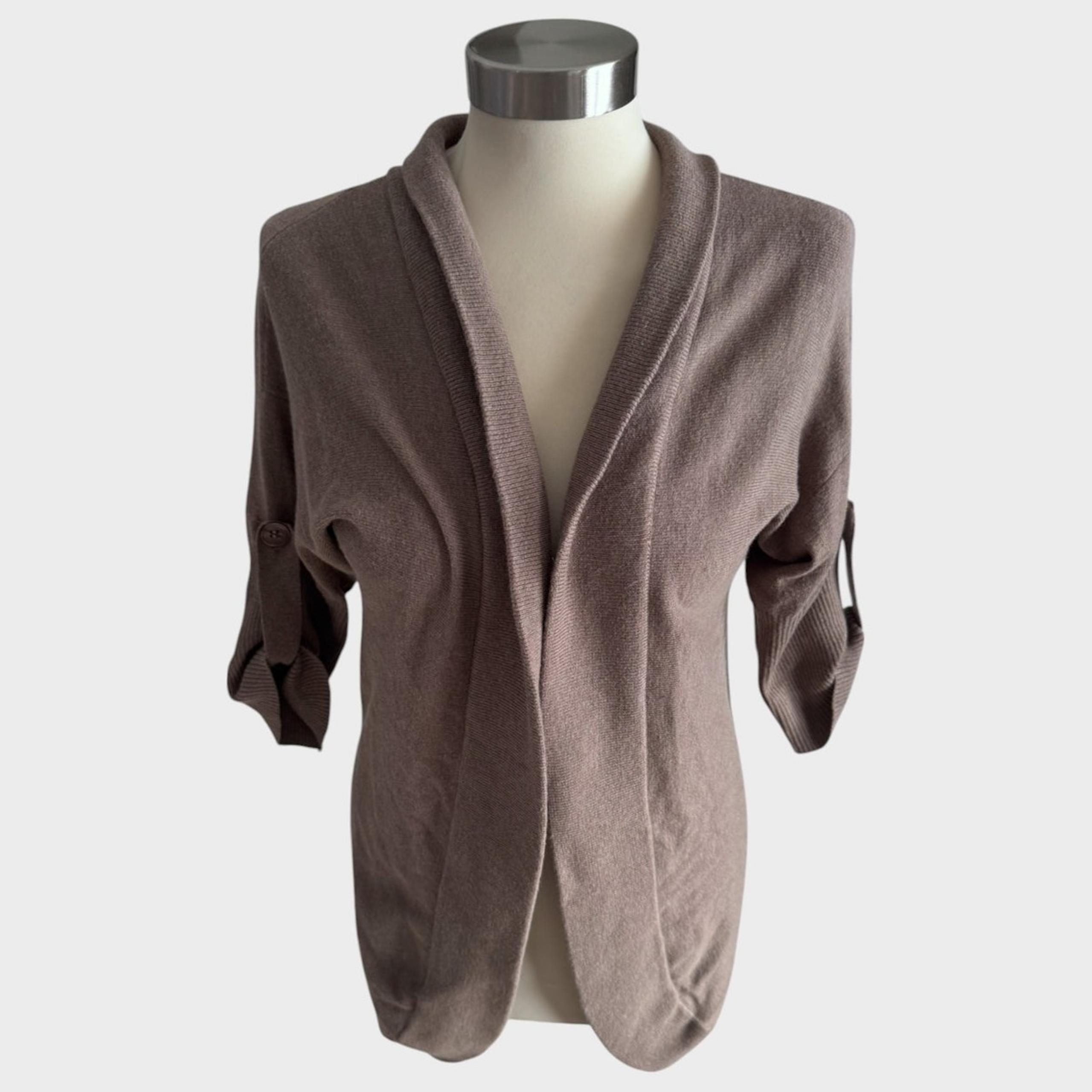 Dressbarn Small Light Brown Open Front Cardigan Sweater Roll Up Half Sleeve
