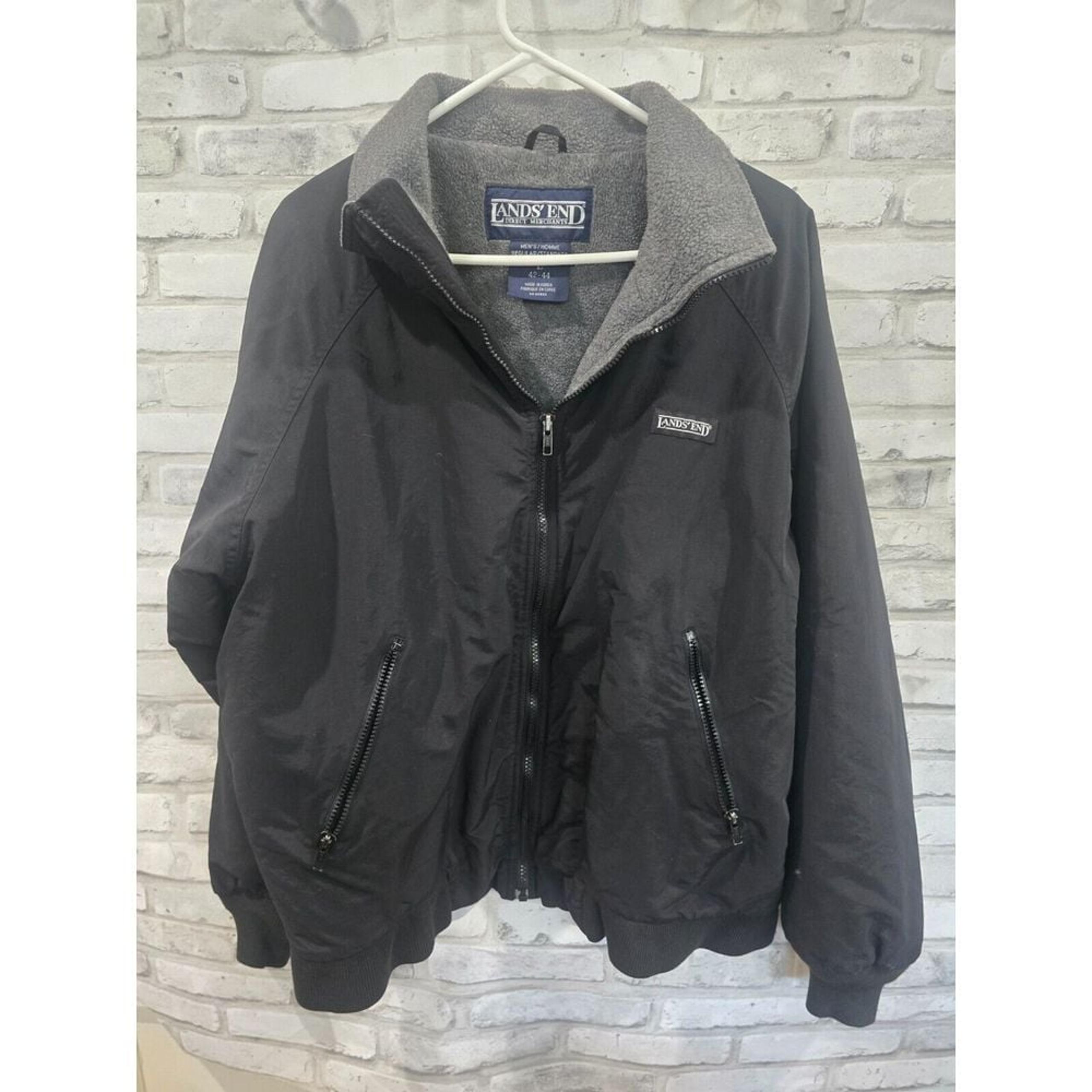 Lands End Men Classic Squall Jacket Black Fleece Lined Sz L 42-44 Polartec FLAW