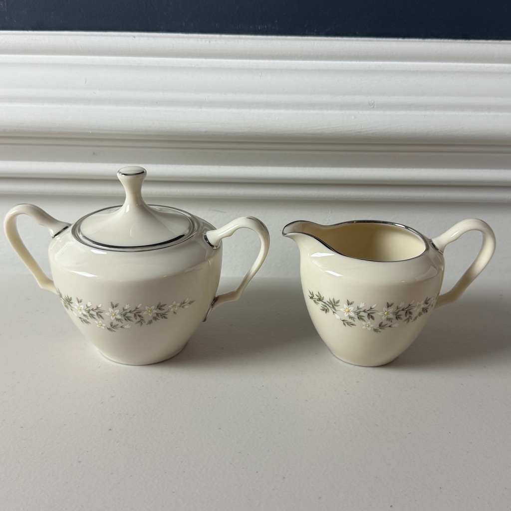 Lenox Brookdale Creamer and Sugar Bowl & Lid Set Off-White Floral