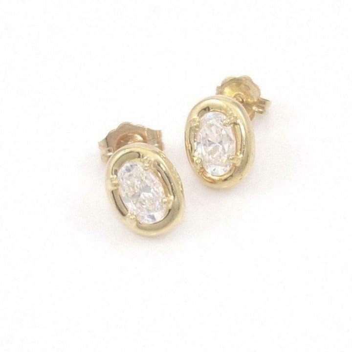 Solid 14K Yellow Gold 1.0 TCW Oval Cut Clear CZ Stud Earrings