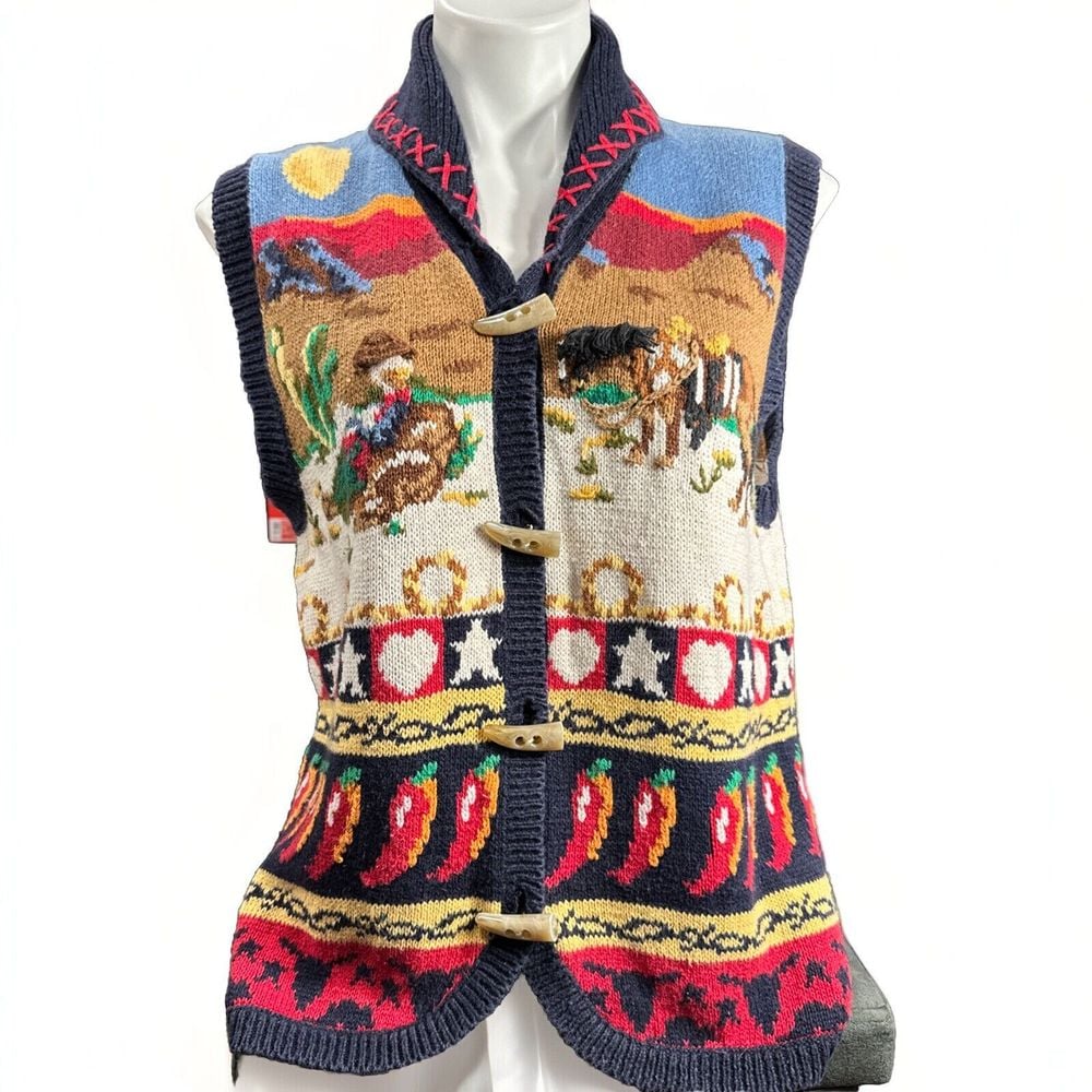 The Eagles Eye Vintage Western Chili Pepper Sweater Vest 90s Faux Bone Button MD