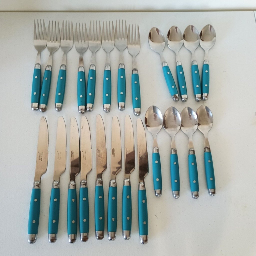 24 Piece Cambridge Jubilee Stainless Flatware Set Turquoise Blue Handle READ