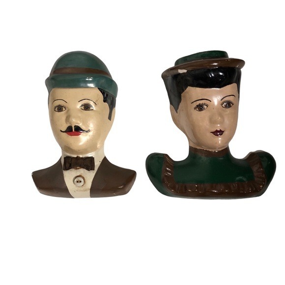 Vintage Chalkware man and woman hanging set of 2