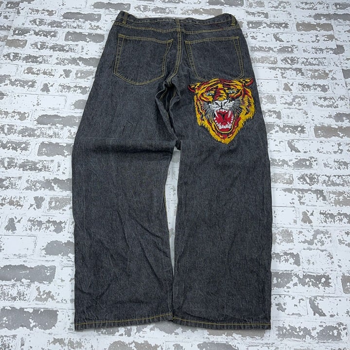 Vintage Baggy Jeans Men 38x32 Wide Leg Black Wash Tiger Embroidered Hip Hop