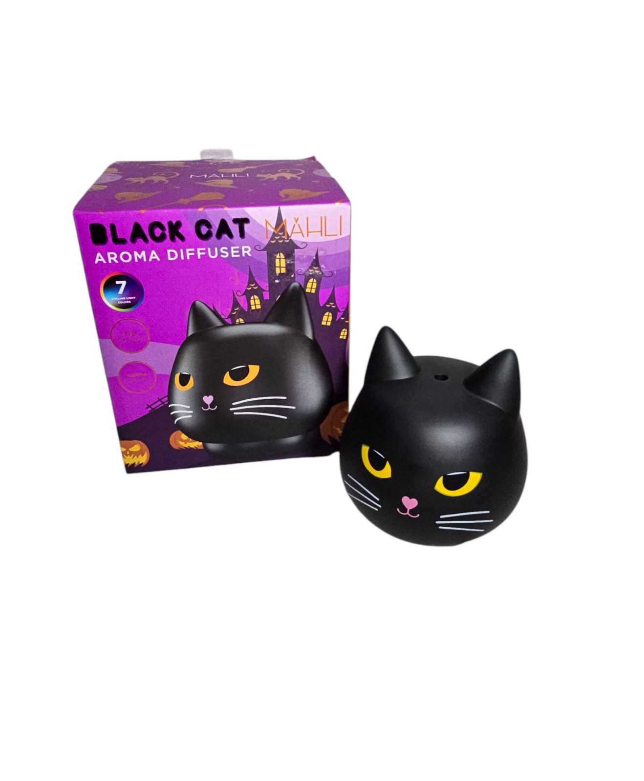 MAHLI Black Cat Halloween Aroma Oil Fan Diffuser 7 Cycling Lights Oil Pads USB