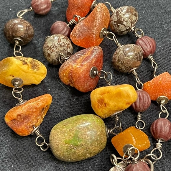 Handmade necklace: raw amber, Eastern turquoise, brecciated jasper, Czech glass