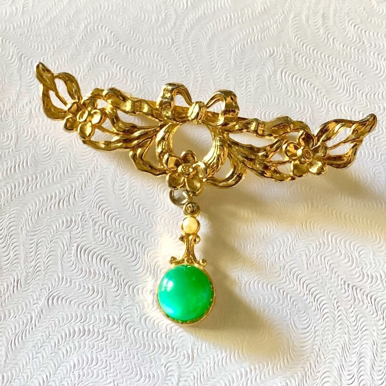 VTG 18k Vermeil Chrysoprase Brooch RARE