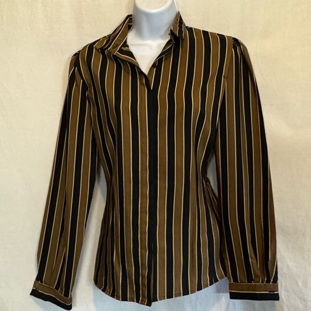 C-79 Christian Dior Black Brown & Cream Stripe Long Sleeve Button Down Blouse
