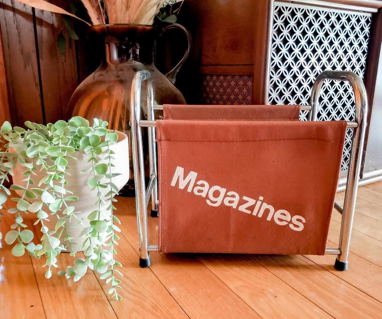 Vintage canvas and metal magazine storage rack
