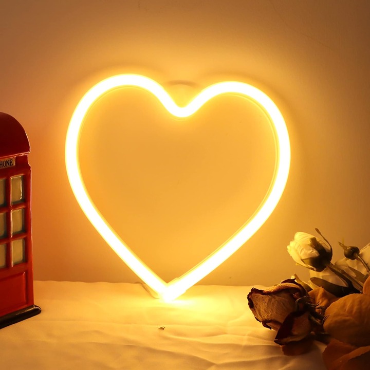 Love Heart Neon Sign Light, LED Neon Lamp with Warm Yellow Light Color