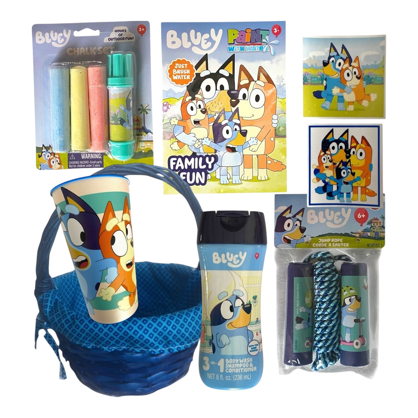Bluey Gift Basket – Jump Rope, Chalk, Cup, Bath Set & Activities – Toddler Gift