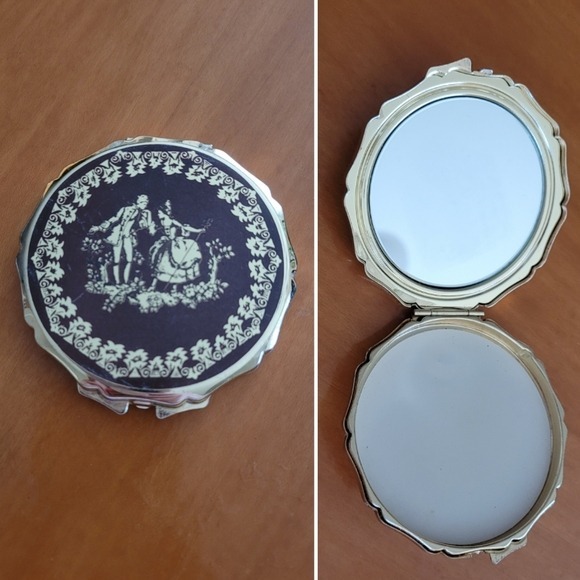 MCM Brown and Gold Floral and Couple Metal Mirror Compact