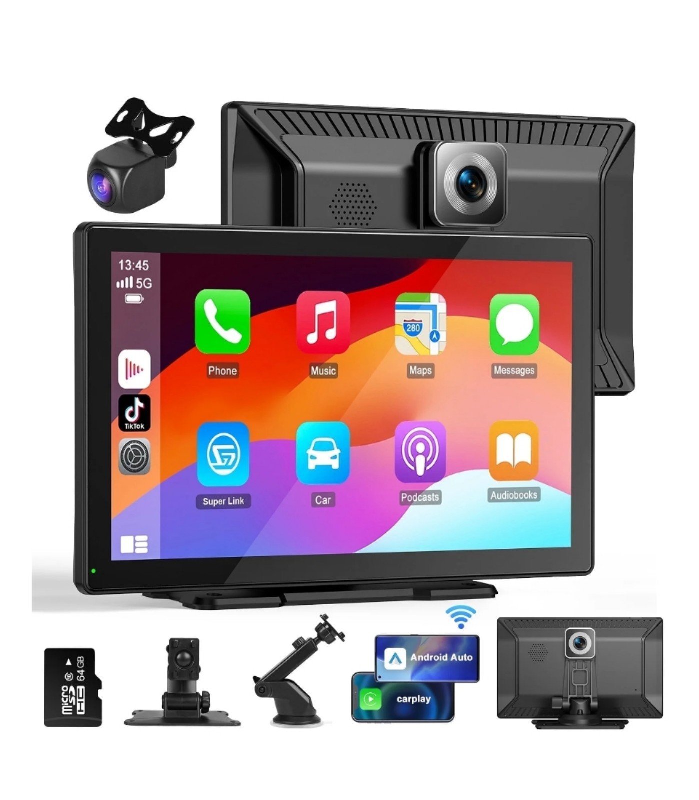 Adjustable Wireless Apple Carplay Touchscreen with 4K Dash Cam, 10.24 x 3.91
