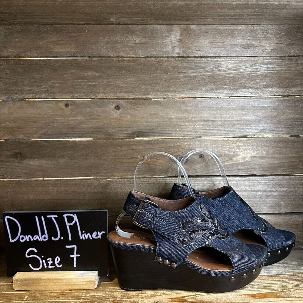 Womens Donald J Pliner Blue Denim Sequin Slingback Wedges Sandals Size 7 M GUC