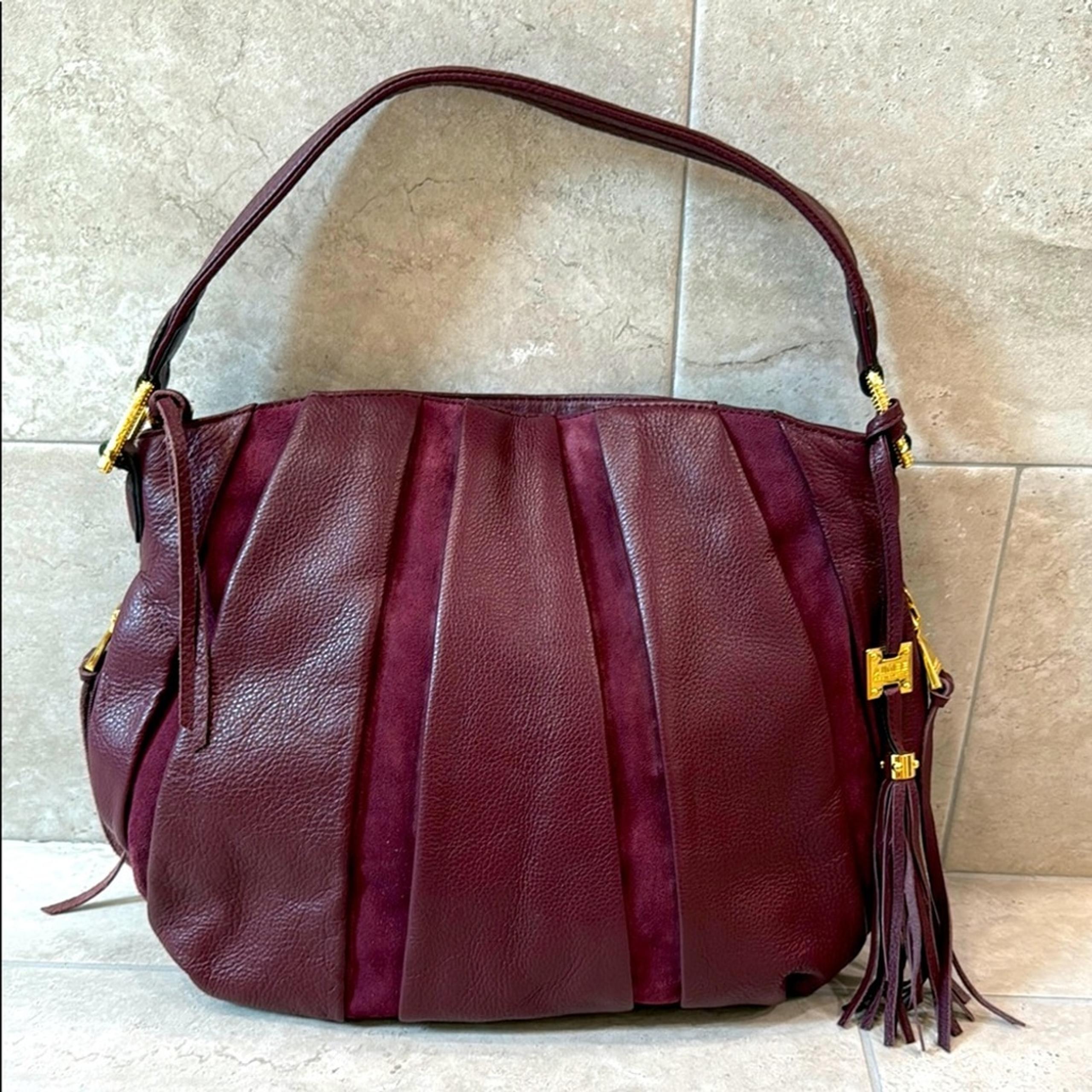 Aimee Kestenberg Tuscany Maroon Pebble Leather and Suede Hobo Bag Purse