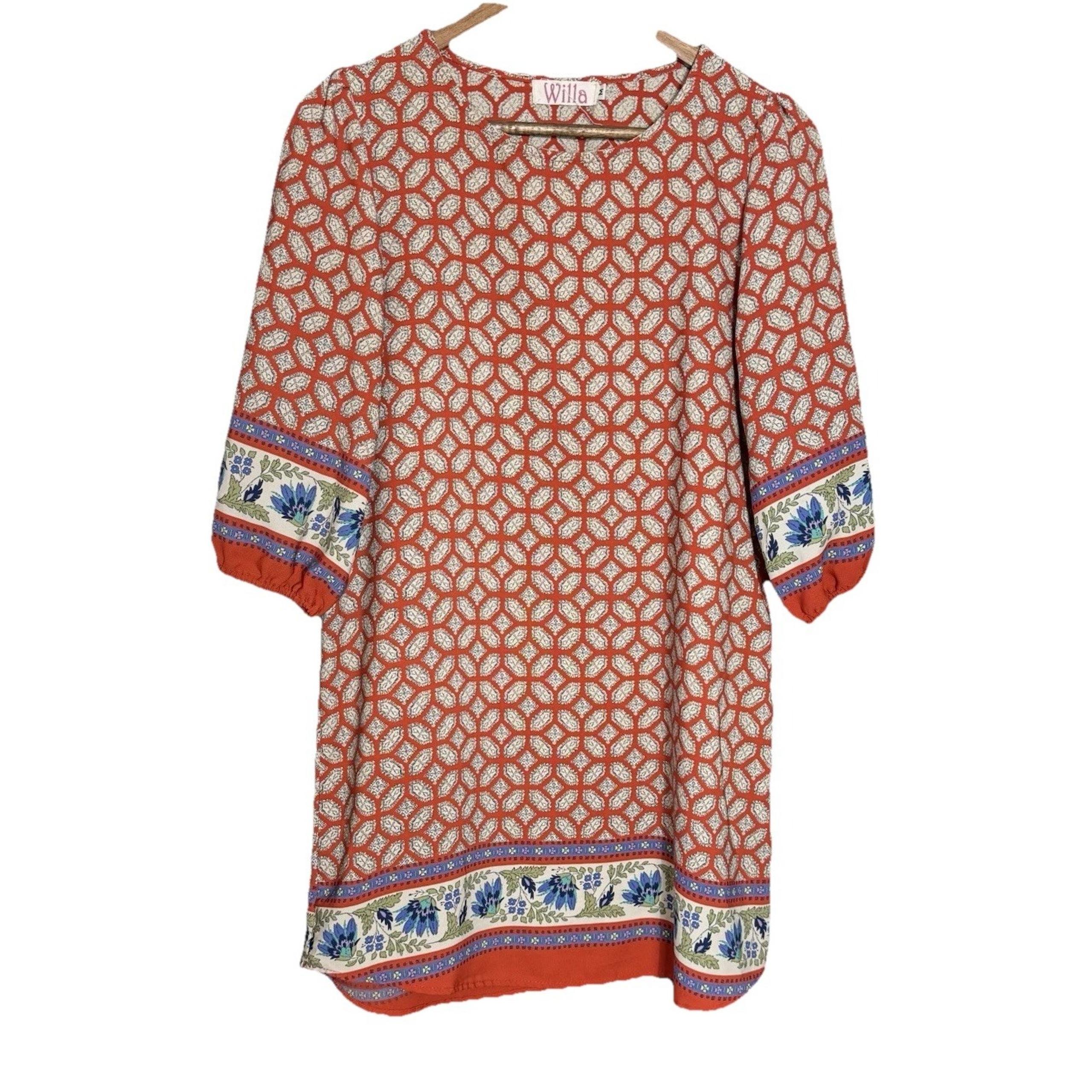 Willa Geometric Burnt Orange/white Sleeveless Trapeze Shift Dress Boho Cottage