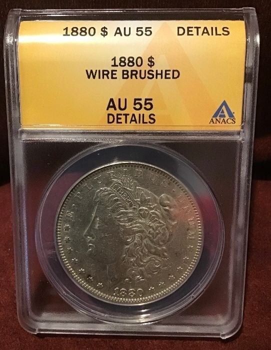 1880 90% ANACS Certified Silver Morgan Dollar Wire Brushed AU 55
