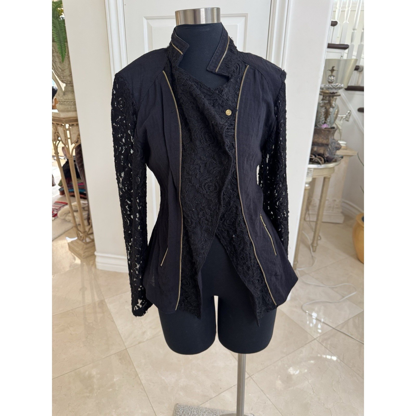 La Seine Faux Lace Moto Jacket Hi Lo Gold Zipper Accents Trim Open Waterfall M
