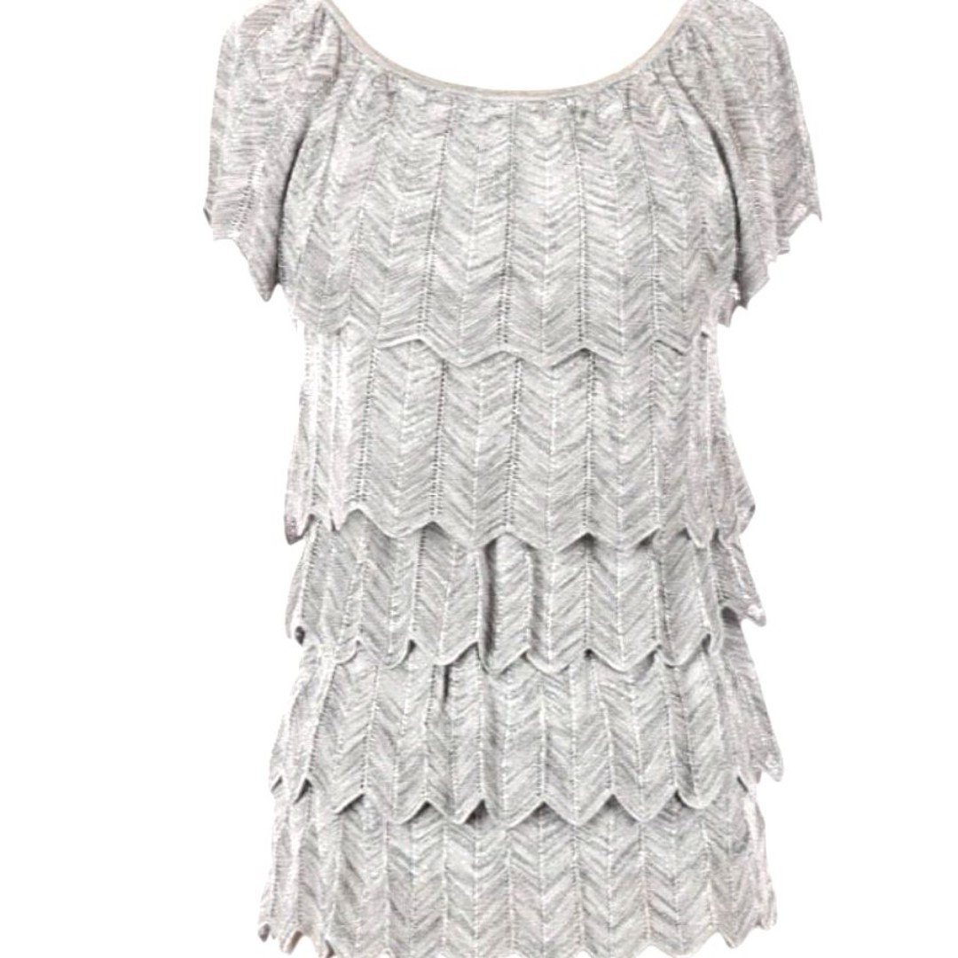 WHITE HOUSE BLACK MARKET women small silver metallic 5 layer short sleeve blouse