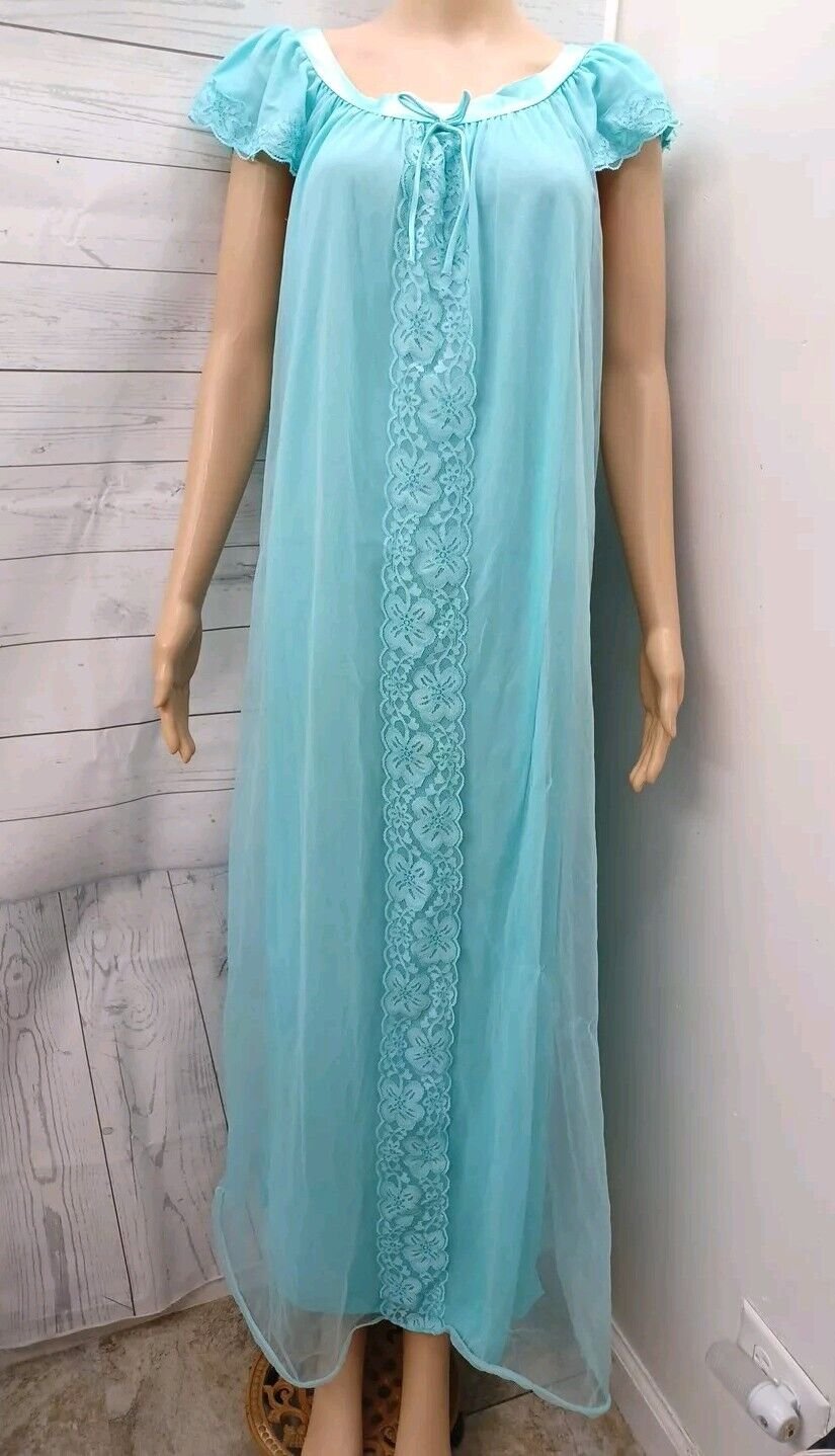 Vtg Chiffon Aqua Teal Lace Nightgown Robe Long S Sabrina Carpenter