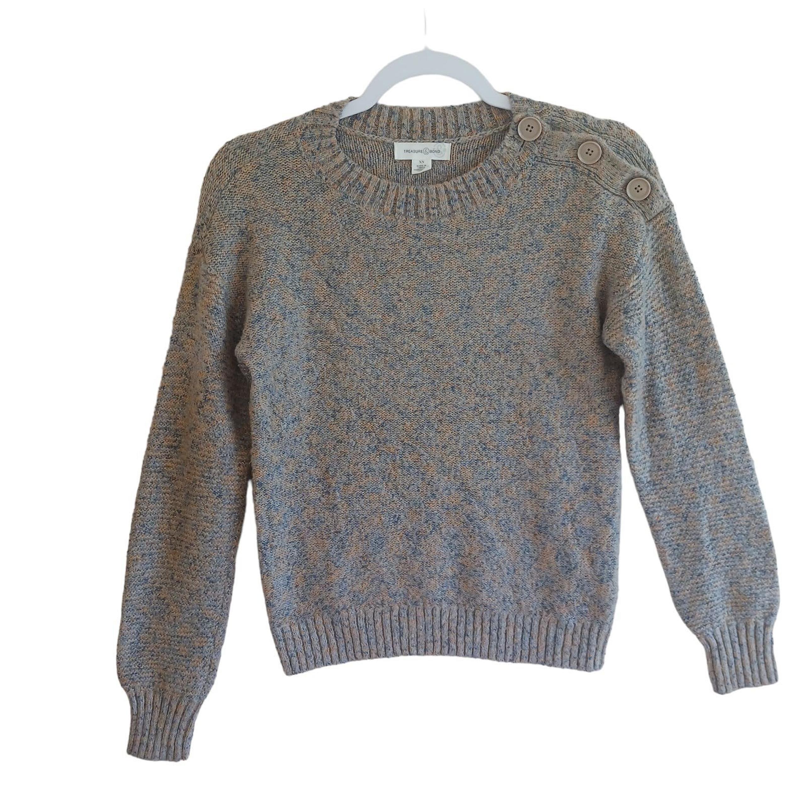 Treasury & Bond Knit Sweater Womens XS Taupe Pullover Crewneck Ribbed Buttons