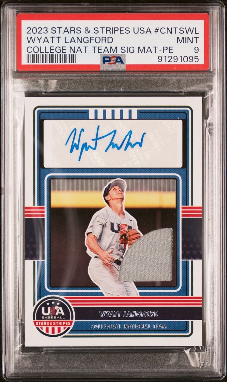 Wyatt Langford 2023 Stars & Stripes USA #CNTSWL jersey patch auto PSA 9