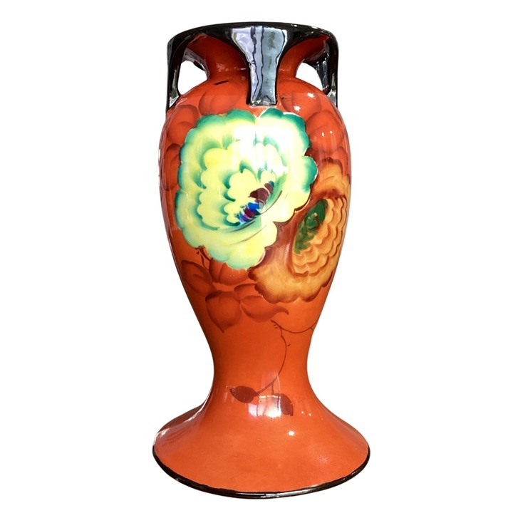 Vintage Satsuma Style Sakura Ware Hand-Painted Orange Vase With Floral Design &
