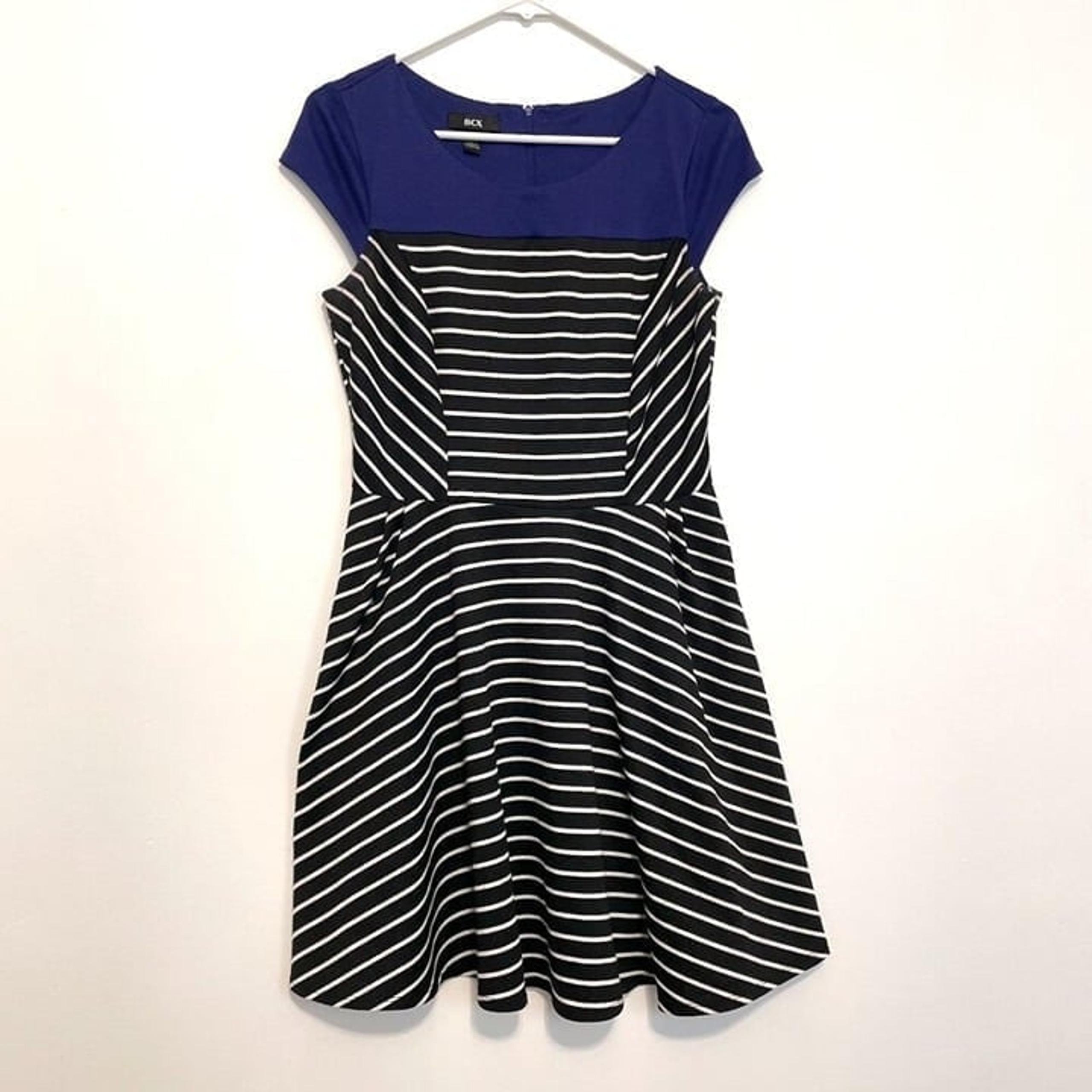 BCX Black White Indigo Colorblock Striped Cap Sleeve Fit & Flare Dress JUNIORS 7