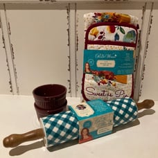 Pioneer Woman Charming Check Rolling Pin, (2) Ramekins, 3 Piece Apron Set