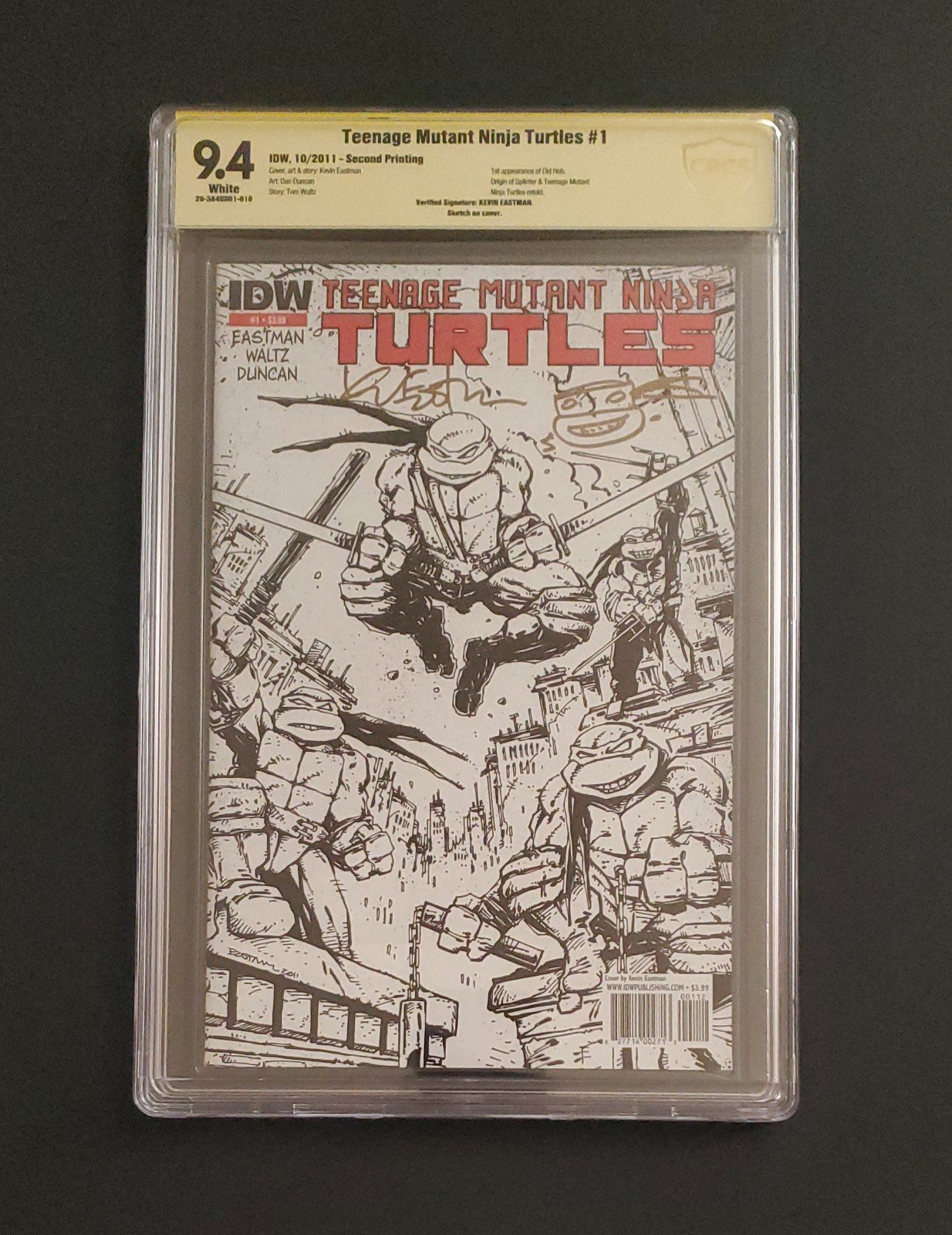 TMNT 1, 2nd Print, 2011 Sketch Cover 9.4 CBCS Kevin Eastman Signed & Remarked
