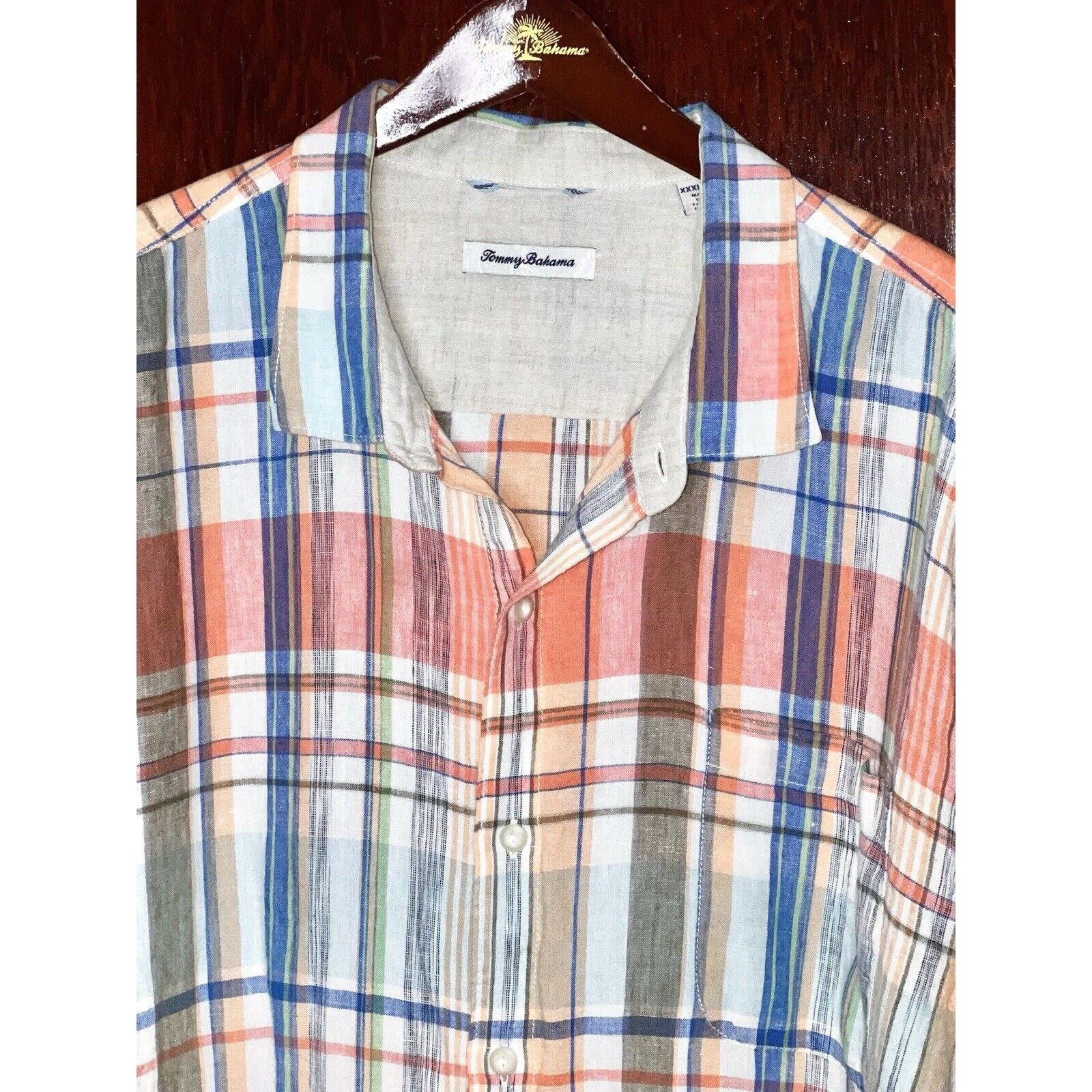 TOMMY BAHAMA BLUE ORANGE WHITE RED GREEN PLAID LINEN L/S SHIRT 3XL