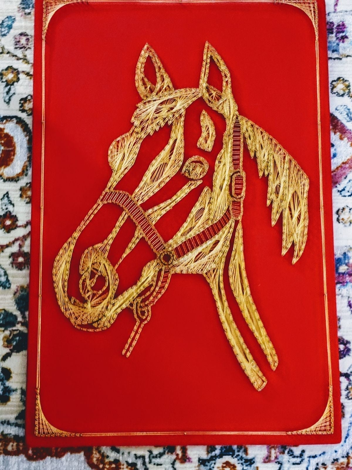 Vintage Horse Golden String Art on red Felt