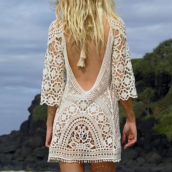 White Crochet Lace Bathing Suit Cover Up Bikini Swimsuit Vacation Dress