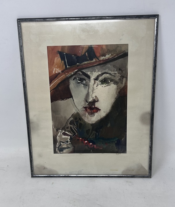 Framed Vintage Mid Century Portrait Watercolor Painting