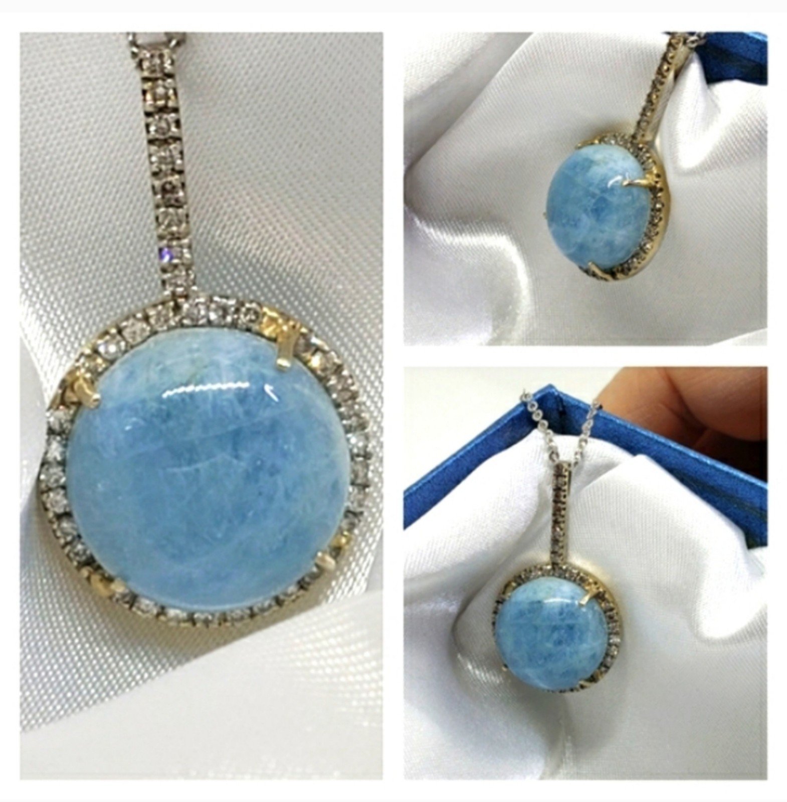 Aquamarine Cabachon Diamond 14KWG Pendant Necklace