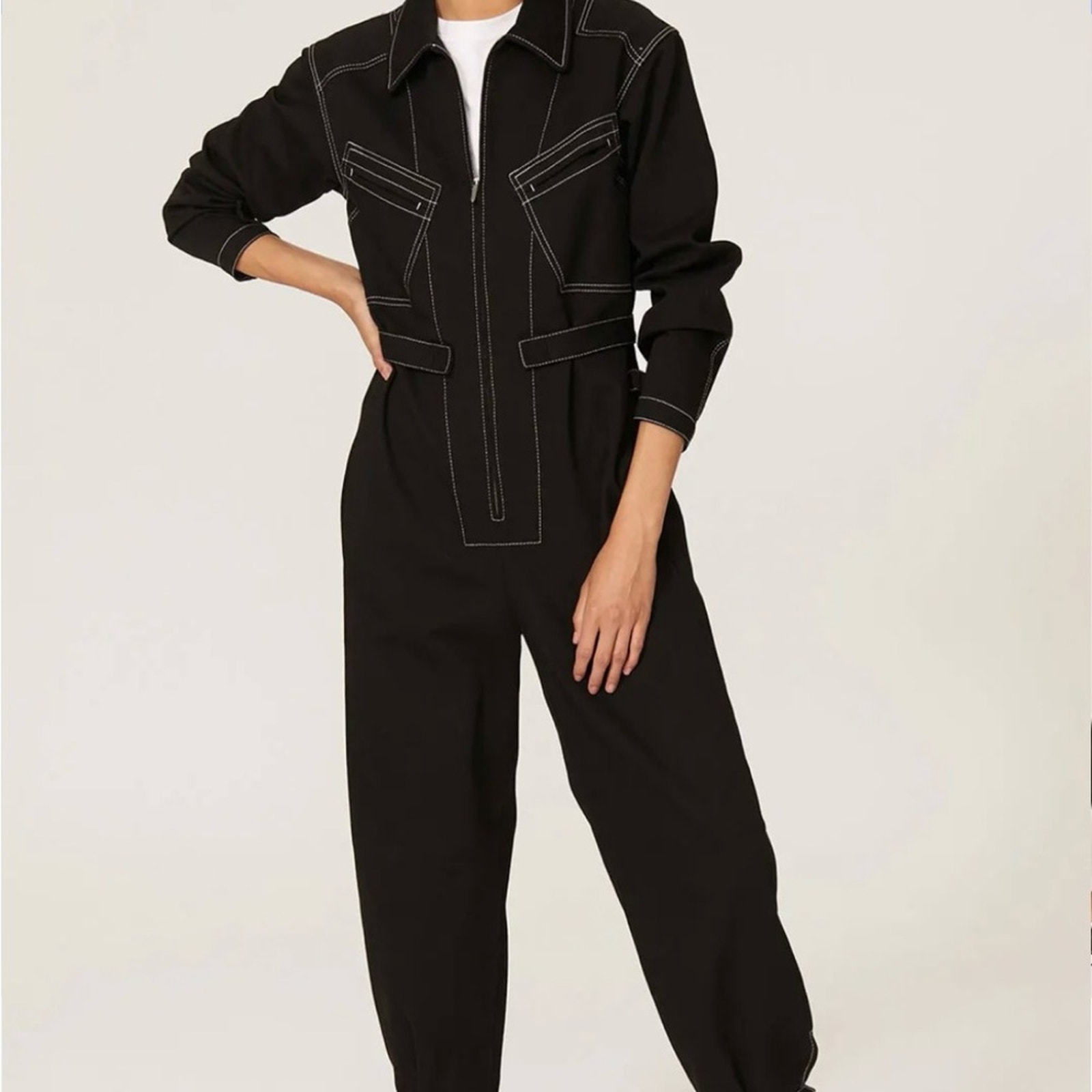 Zero + Maria Cornejo Black Jumpsuit with High Collar and Tapered Legs