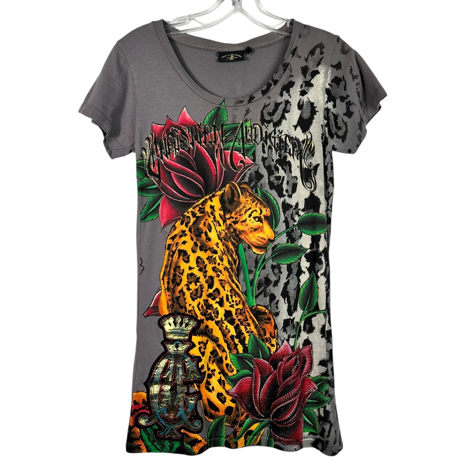 Christian Audigier Y2K Leopard Printed AOP All Over Print Slim Graphic Tee Small