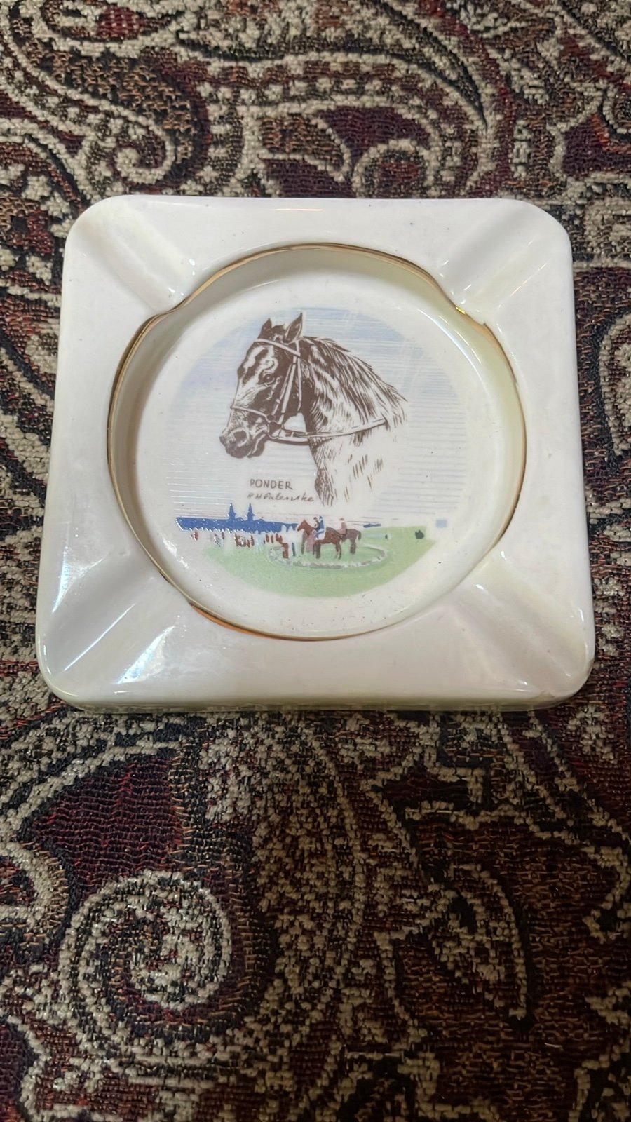 Vintage ceramic ashtray featuring the Triple Crown-winning racehorse, Ponder