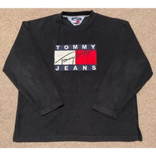 Vintage 90s Mens Large TOMMY HILFIGER Jeans Fleece Sweatshirt Color Block Black