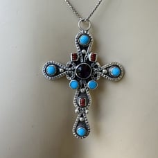 VTG Taxco Sterling Silver Cross Pendant Necklace Turquoise Coral Amethyst 13.7 g